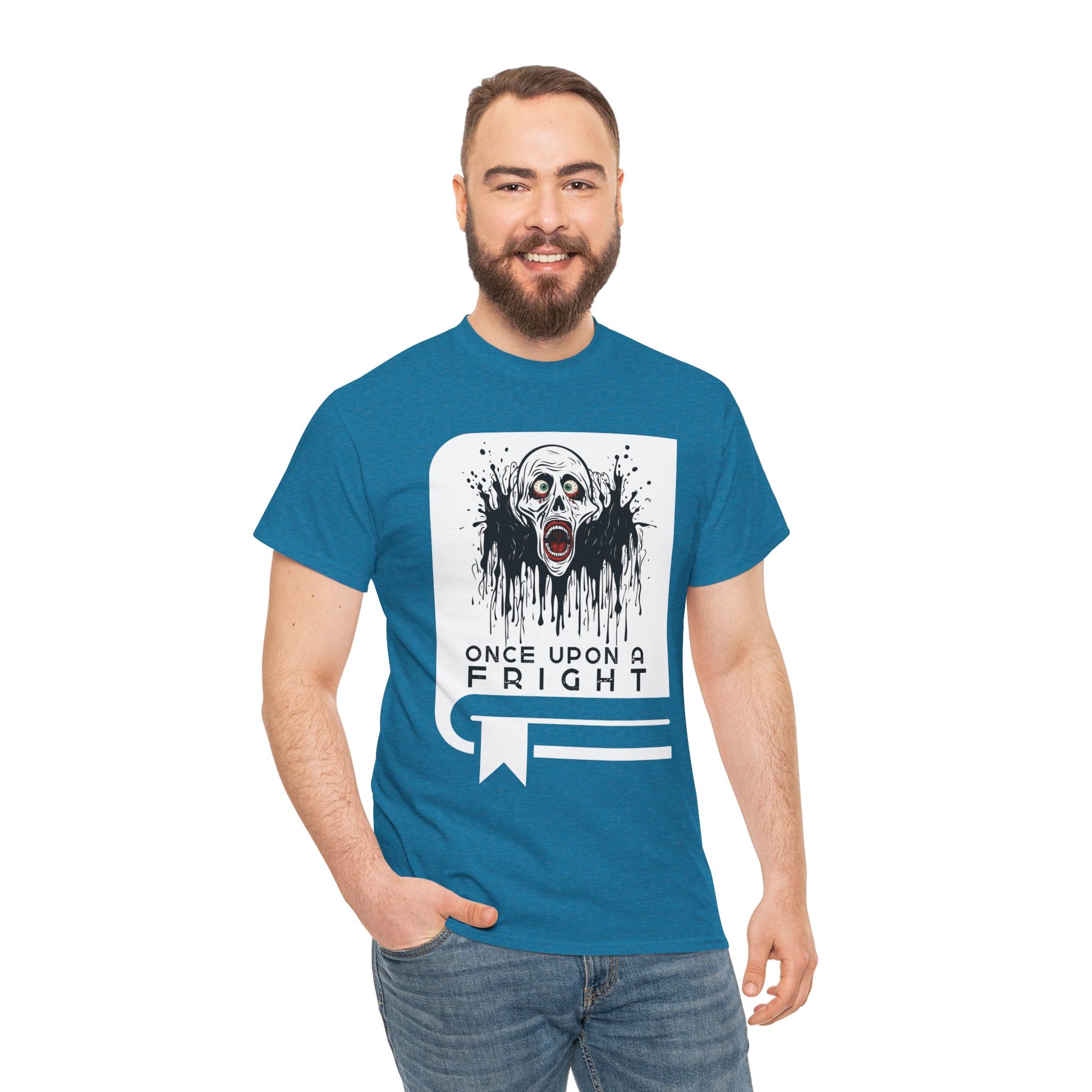 Man wearing a blue t-shirt with a graphic design of creepy skeleton graphic on a book cover and text 'Once Upon a Fright' on a hanger against a white background.
