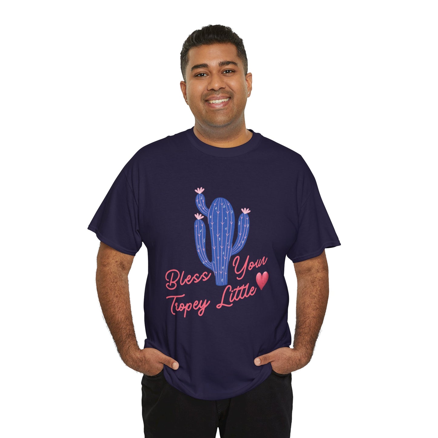 Man wearing a dark blue t-shirt with a pink and blue cactus and text 'Bless Your Tropey Little' and then a picture of a heart