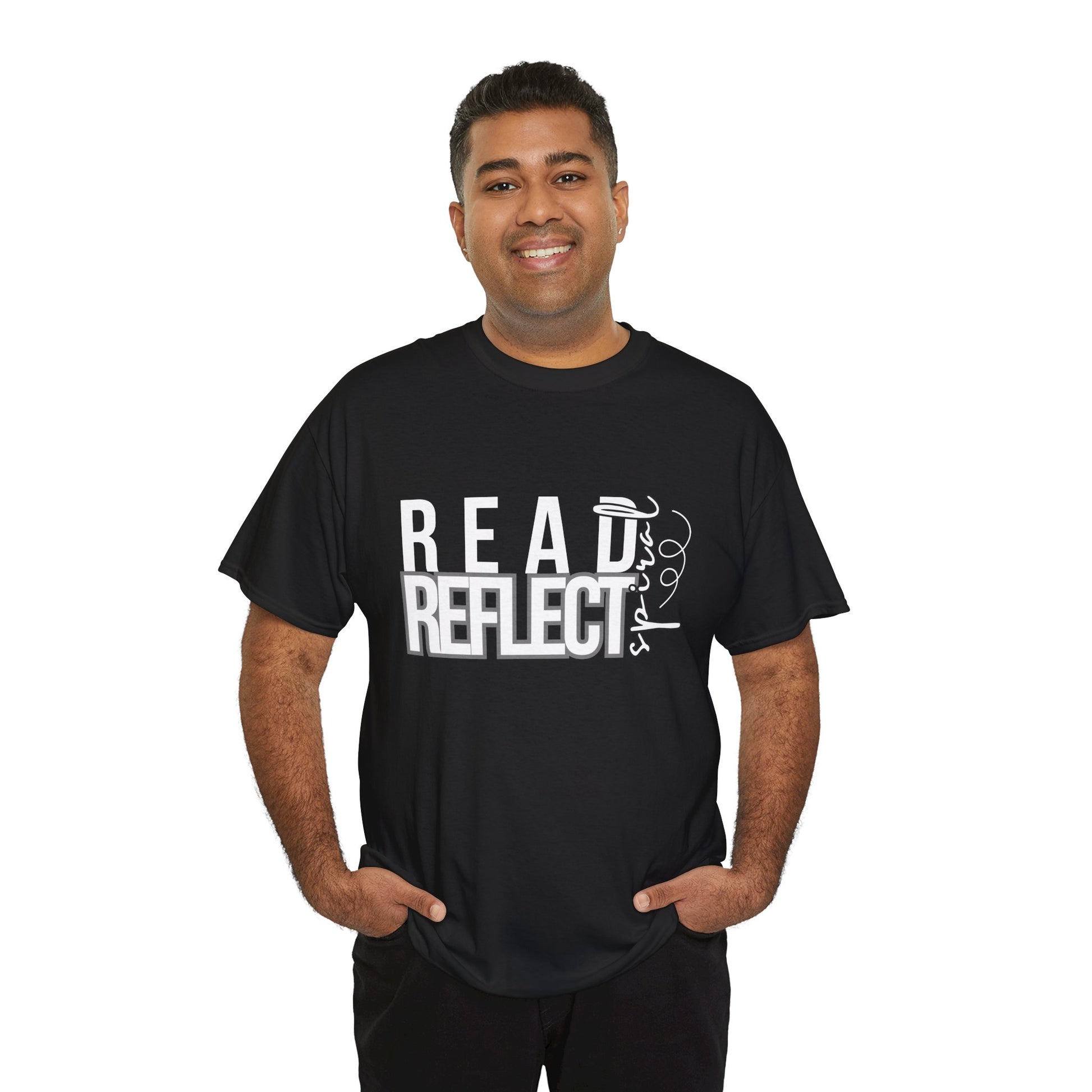 Man wearing a black t-shirt with 'READ REFLECT SPIRAL' text 