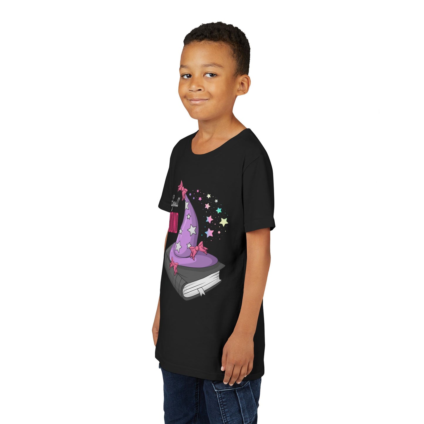 Boy wearing a black t-shirt with a sparkly purple witch hat on top of a book and text 'Spell Bound'  