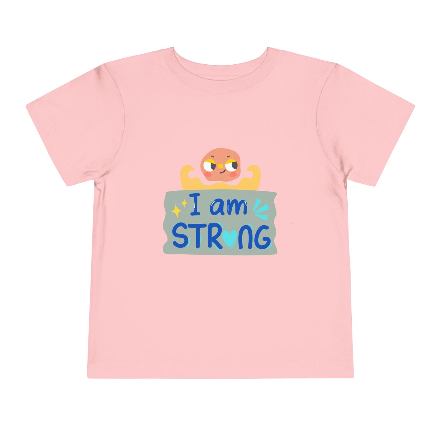 Pink toddler t-shirt with a cartoon character showing its arm muscles and 'I am strong' text