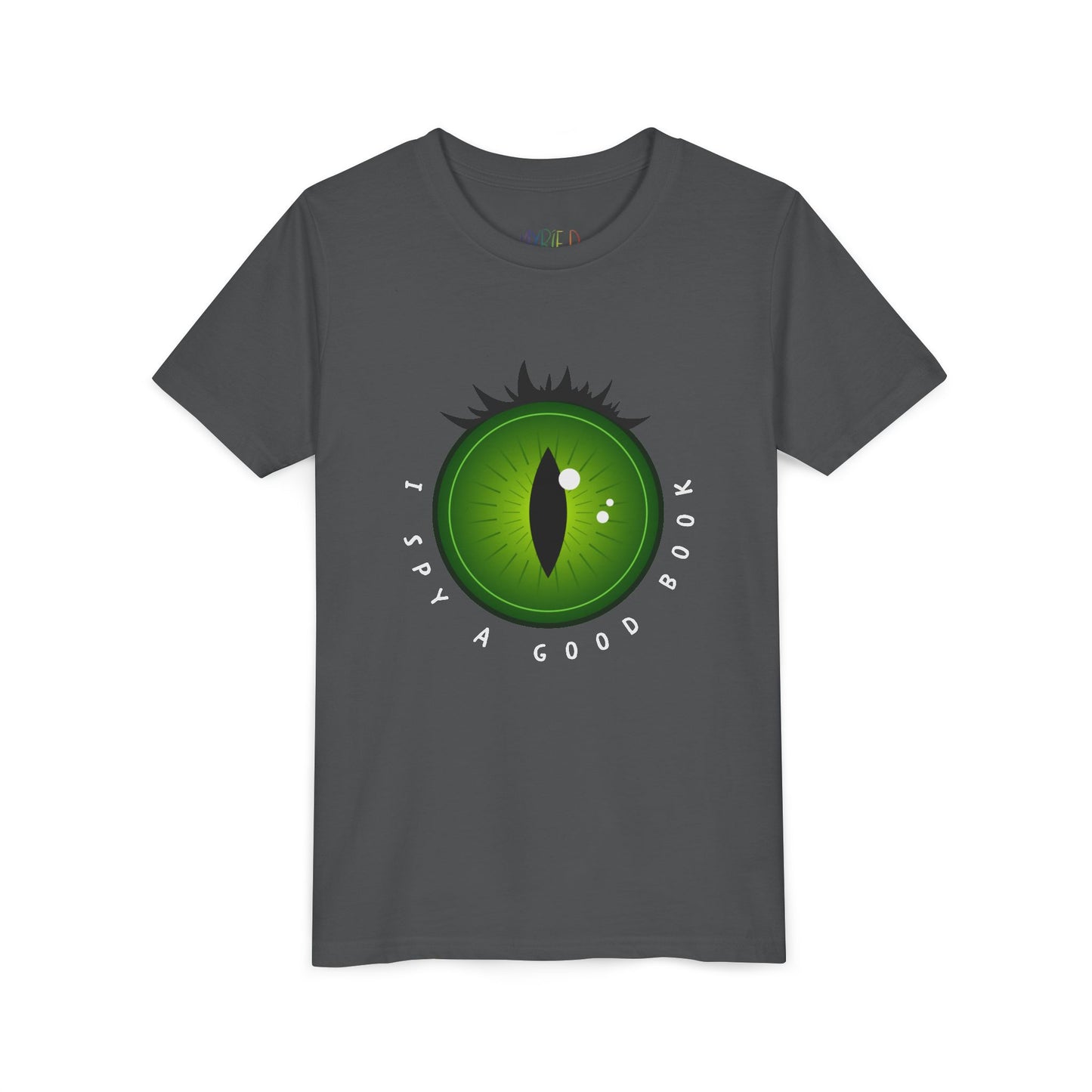 Gray t-shirt with a green monster eye graphic and text 'I SPY A GOOD BOOK'