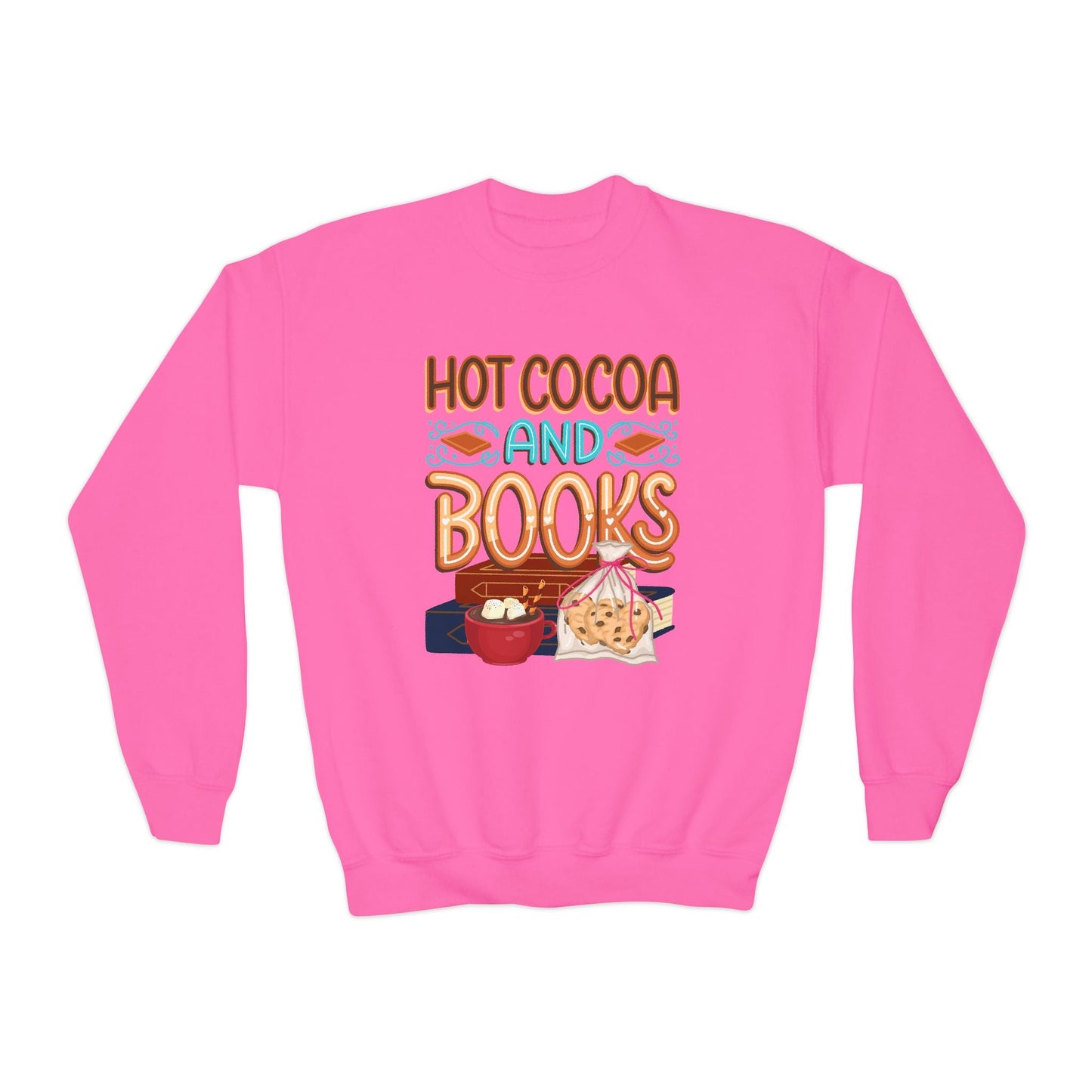 Youth Hot Cocoa and Books Sweatshirt â€“ Cozy Winter Reading Design Printify