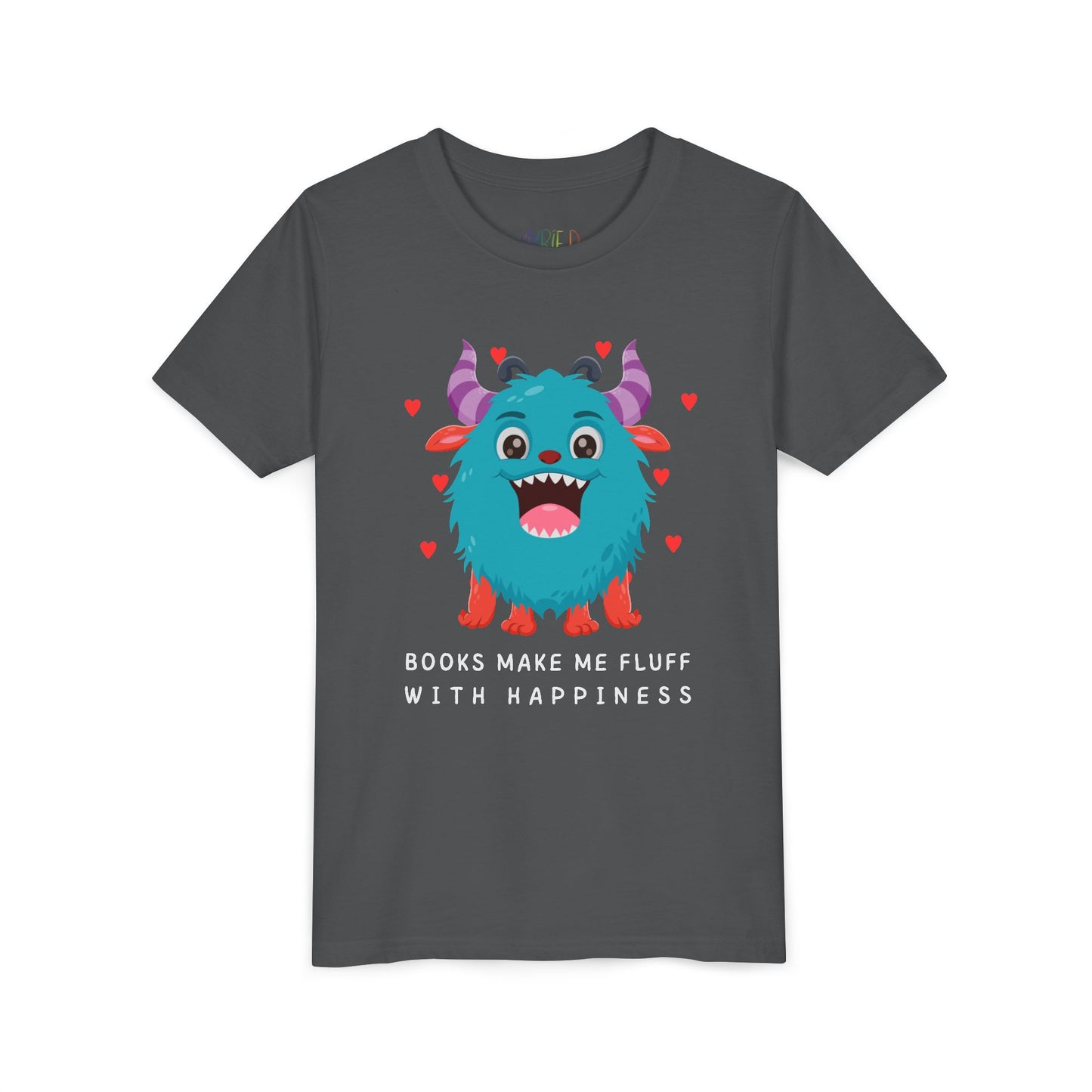 Gray t-shirt with a joyful cartoon monster surrounded by hearts and text 'Books Make Me Fluff With Happiness'