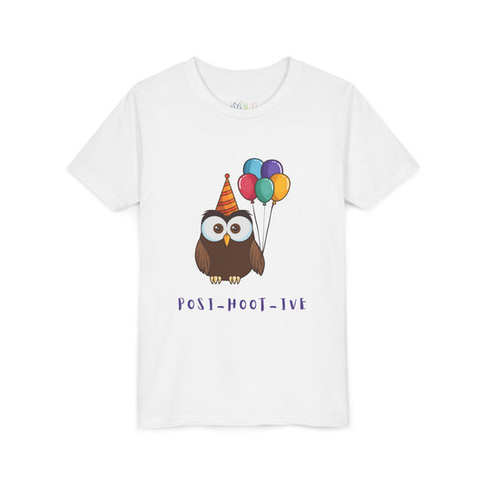 White t-shirt with an owl wearing a party hat and balloons, and the text 'POST-HOOT-IVE' 