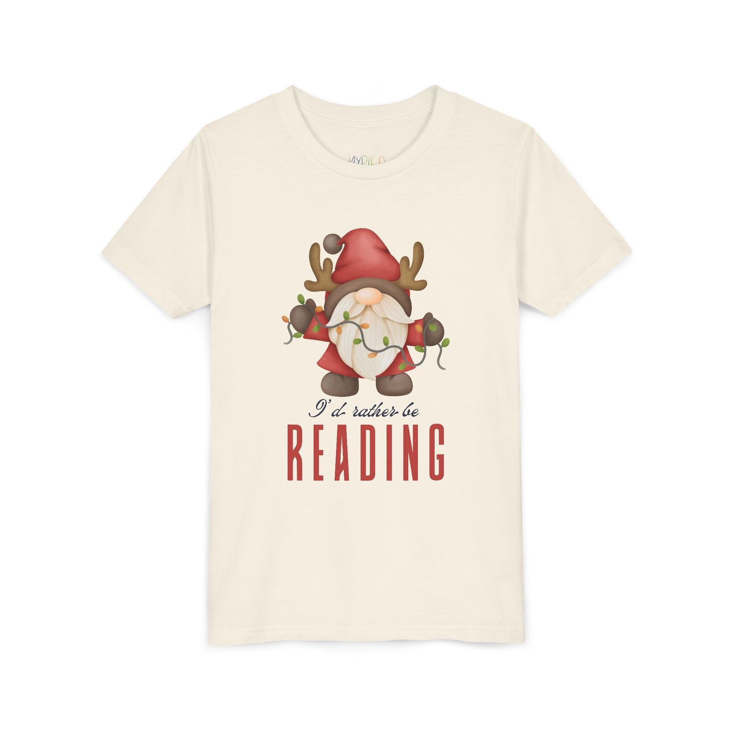 Beige t-shirt with a gnome graphic and 'I'd rather be reading' text on a white background