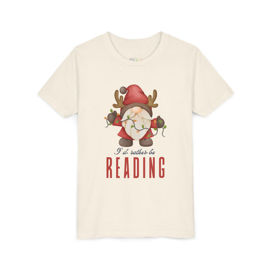 Beige t-shirt with a gnome graphic and 'I'd rather be reading' text on a white background