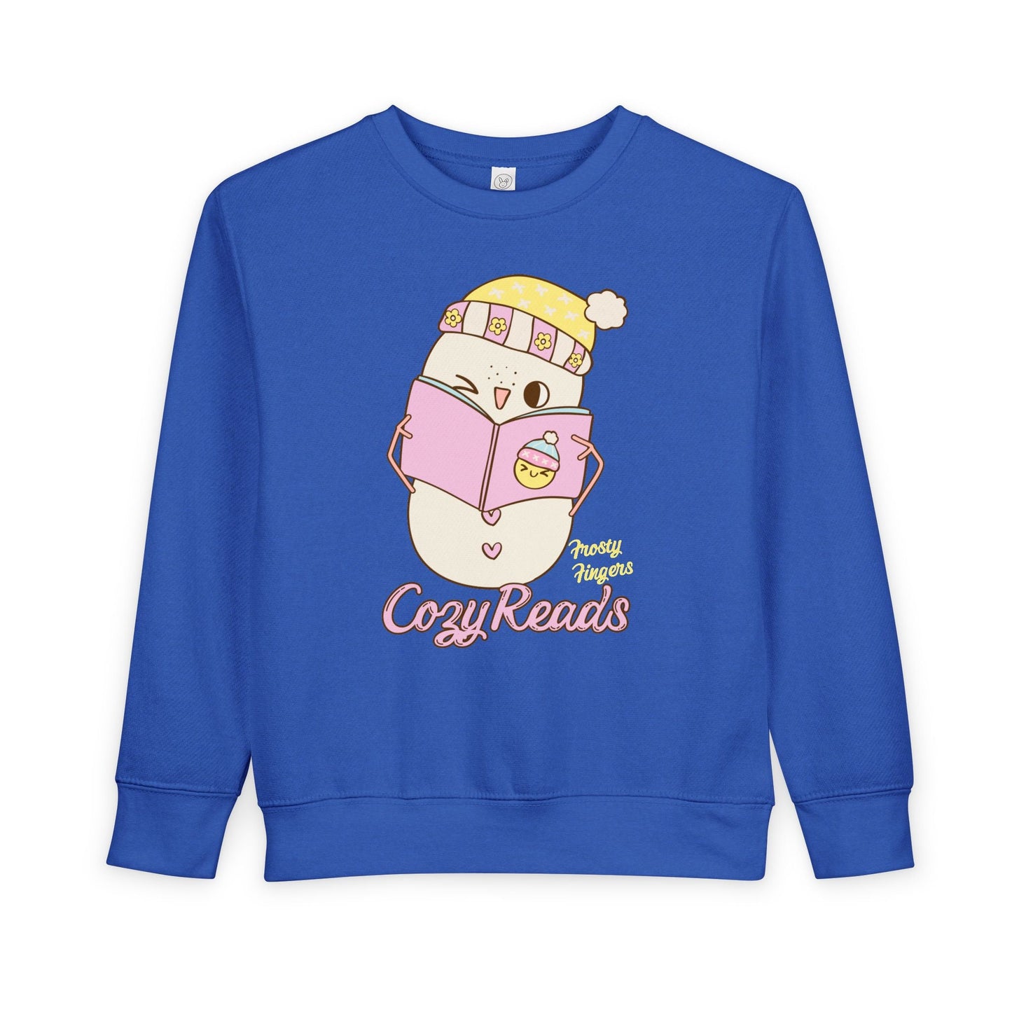 Blue toddler sweatshirt with a cartoon snowman reading a book and 'Frosty Fingers, Cozy Reads' text on a white background