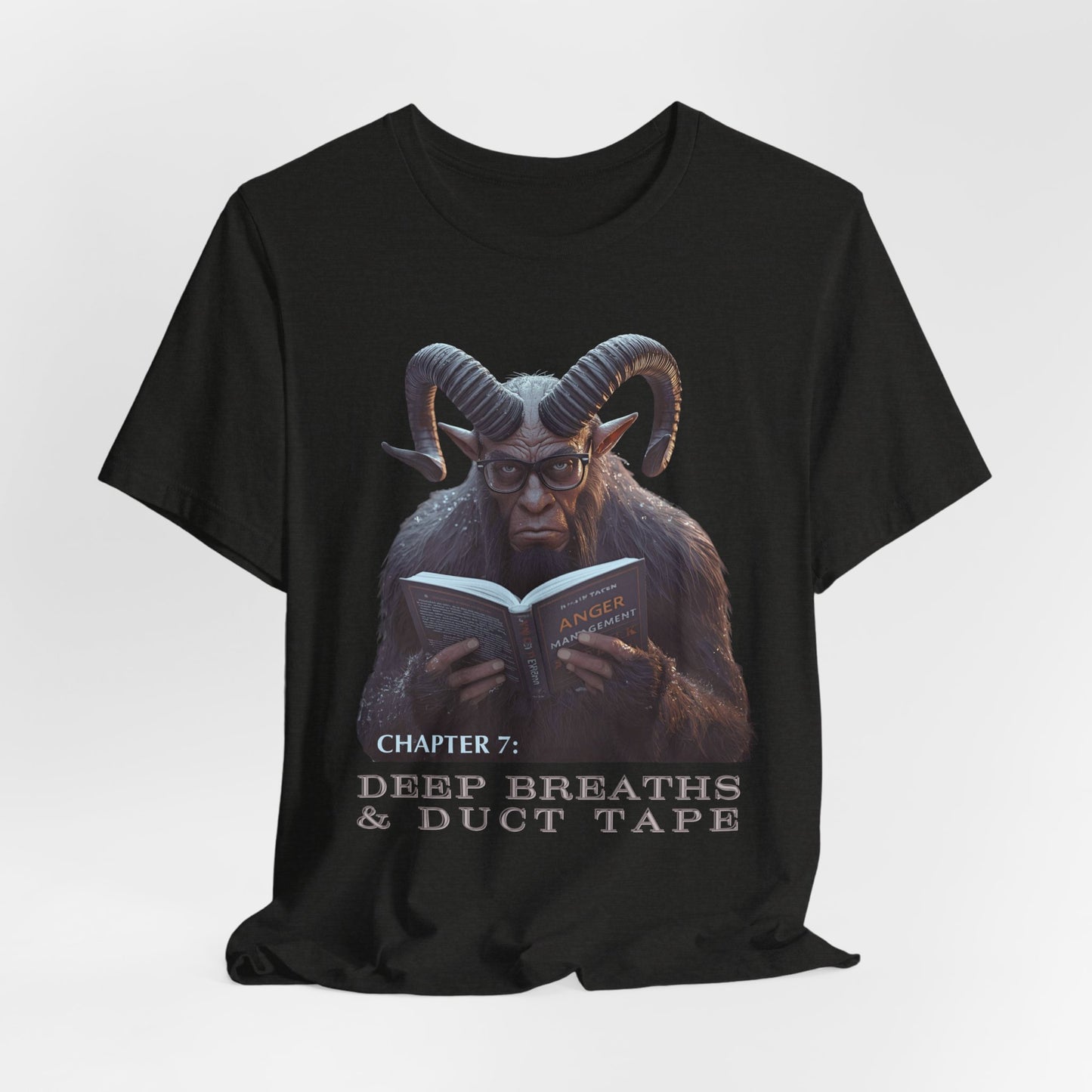 Black t-shirt with Krampus reading a book and text 'Chapter 7: Deep Breaths & Duct Tape' on a white background.