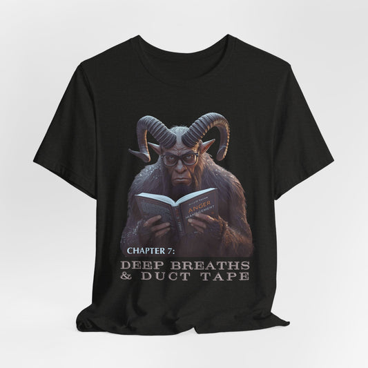 Black t-shirt with Krampus reading a book and text 'Chapter 7: Deep Breaths & Duct Tape' on a white background.