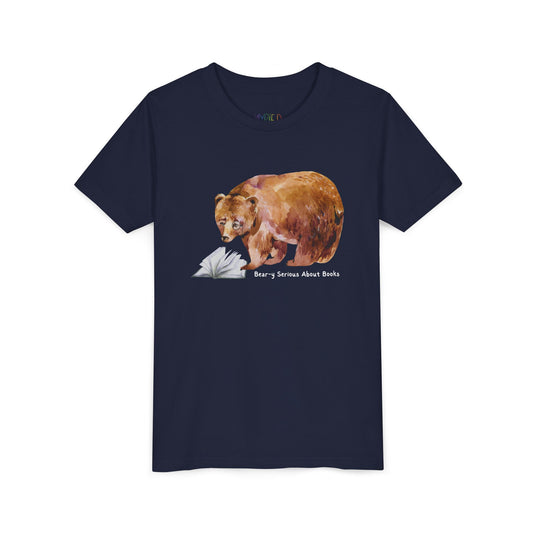 Navy blue t-shirt with a monacle wearing bear reading a book and text 'bear-y serious about books'