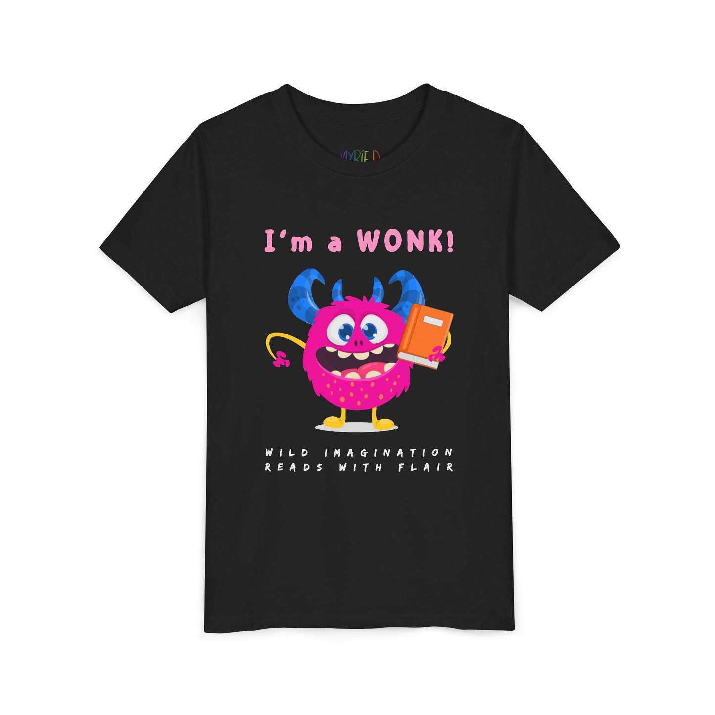 Black personality t-shirt with a colorful pink monster graphic holding a book and proudly stating 'I'm a WONK!'