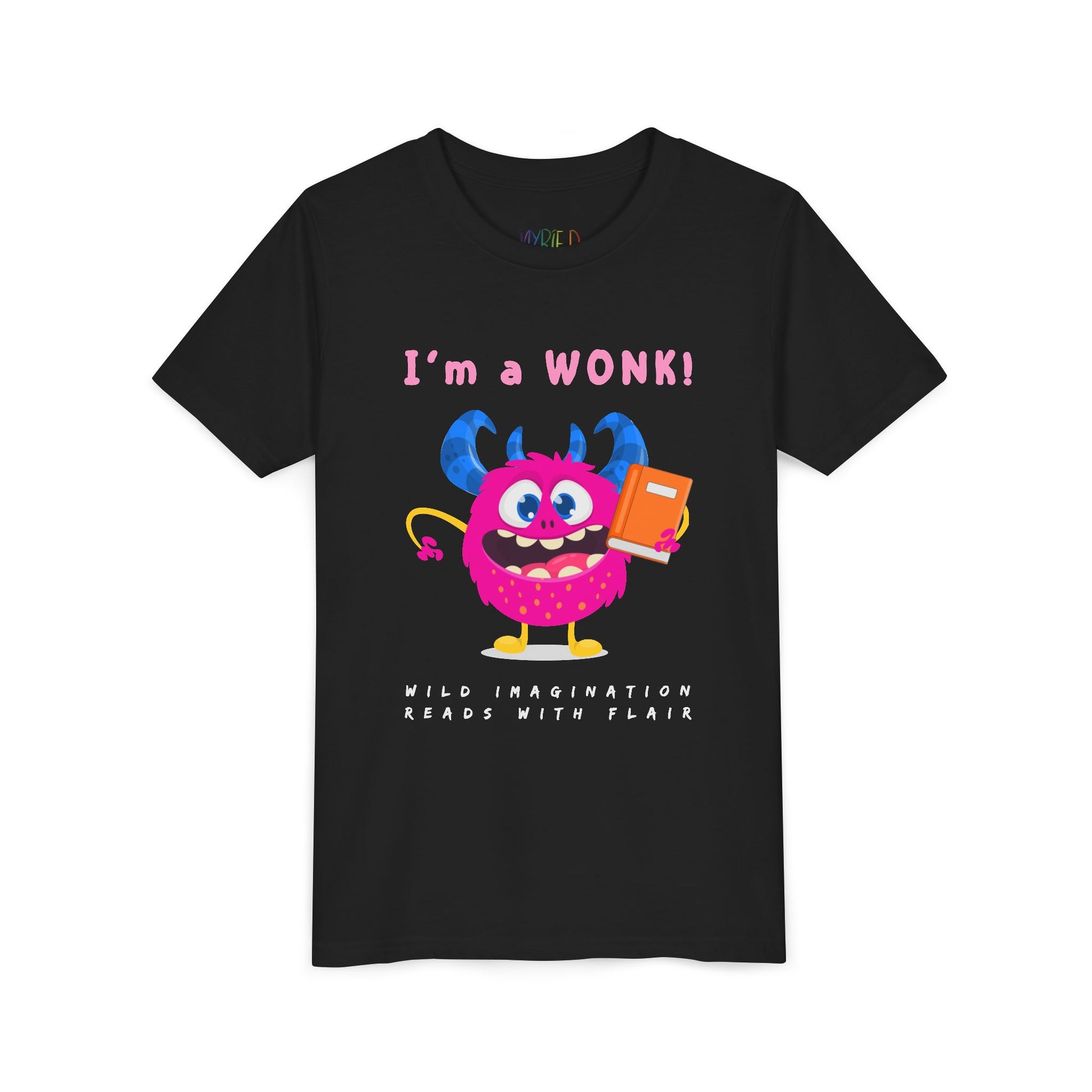 Black personality t-shirt with a colorful pink monster graphic holding a book and proudly stating 'I'm a WONK!'