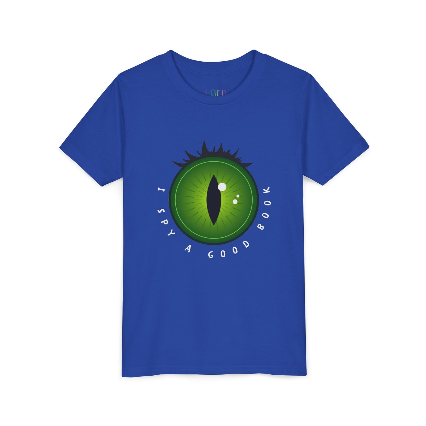 Blue t-shirt with a green monster eye graphic and text 'I SPY A GOOD BOOK'