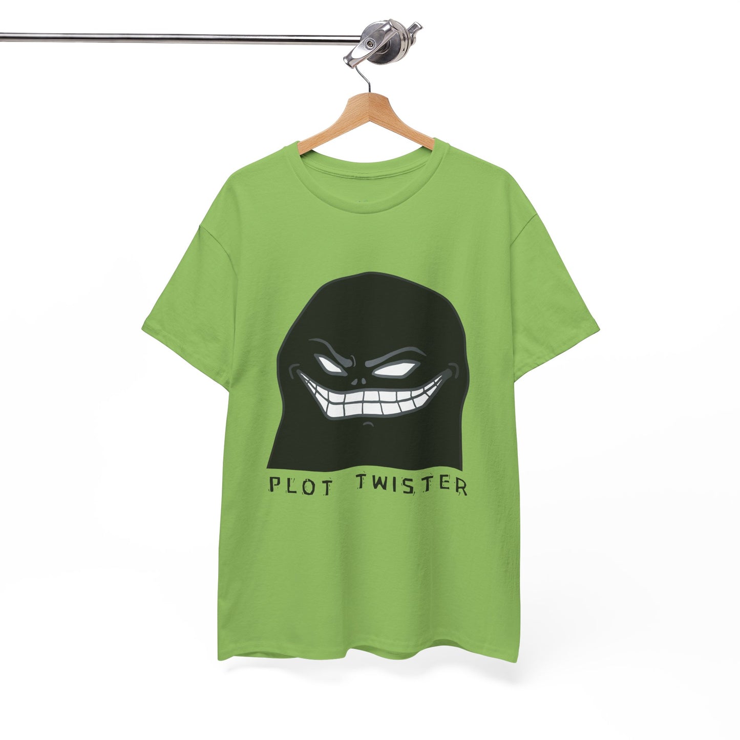 Green t-shirt with a sinister character and text 'Plot Twister' on a hanger against a white background