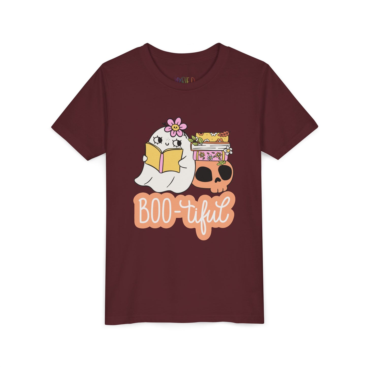 Maroon t-shirt with cartoon ghost leaning on a skull and stack of books while reading and text 'BOO-tiful'