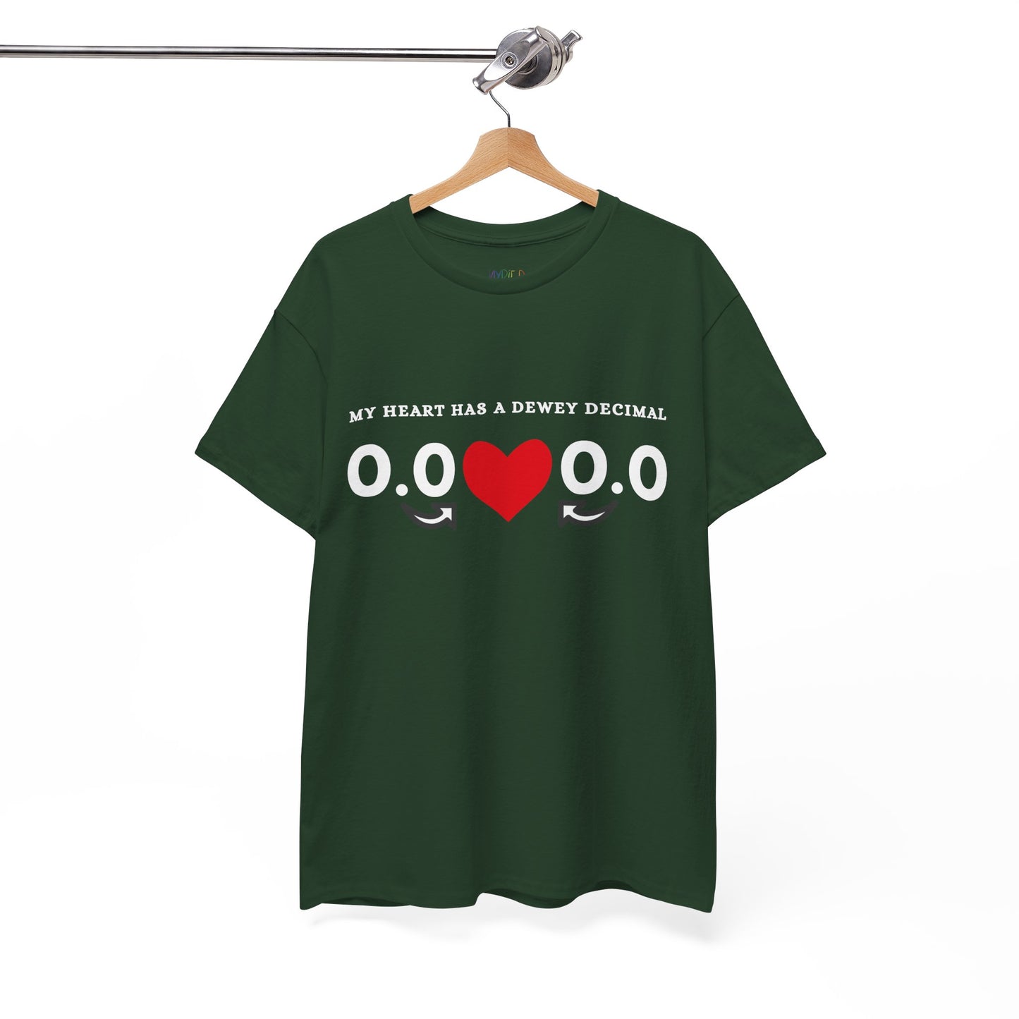 Green t-shirt with a red heart, zeroes and decimals, text 'My Heart Has A Dewey Decimal' 
