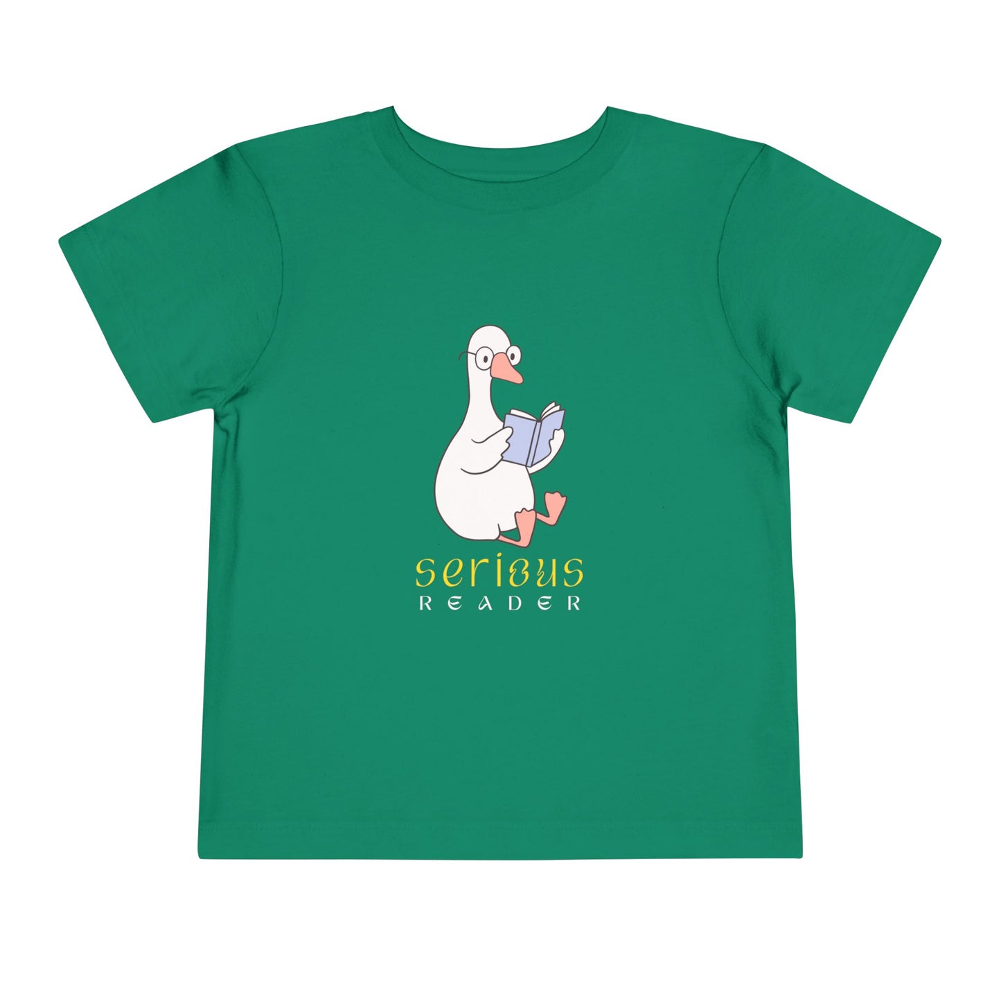 Green t-shirt with a cartoon duck or goose reading a book and 'Serious Reader' text 