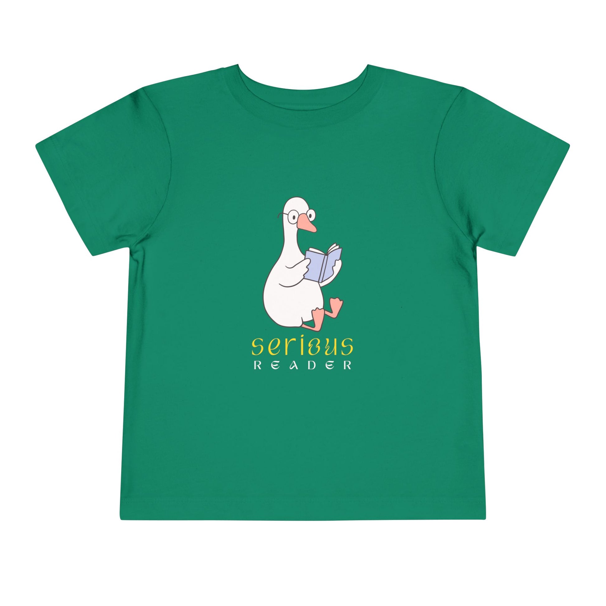 Green t-shirt with a cartoon duck or goose reading a book and 'Serious Reader' text 