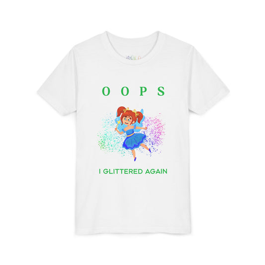 White t-shirt with a fairy, glitter and text 'OOPS I GLITTERED AGAIN'