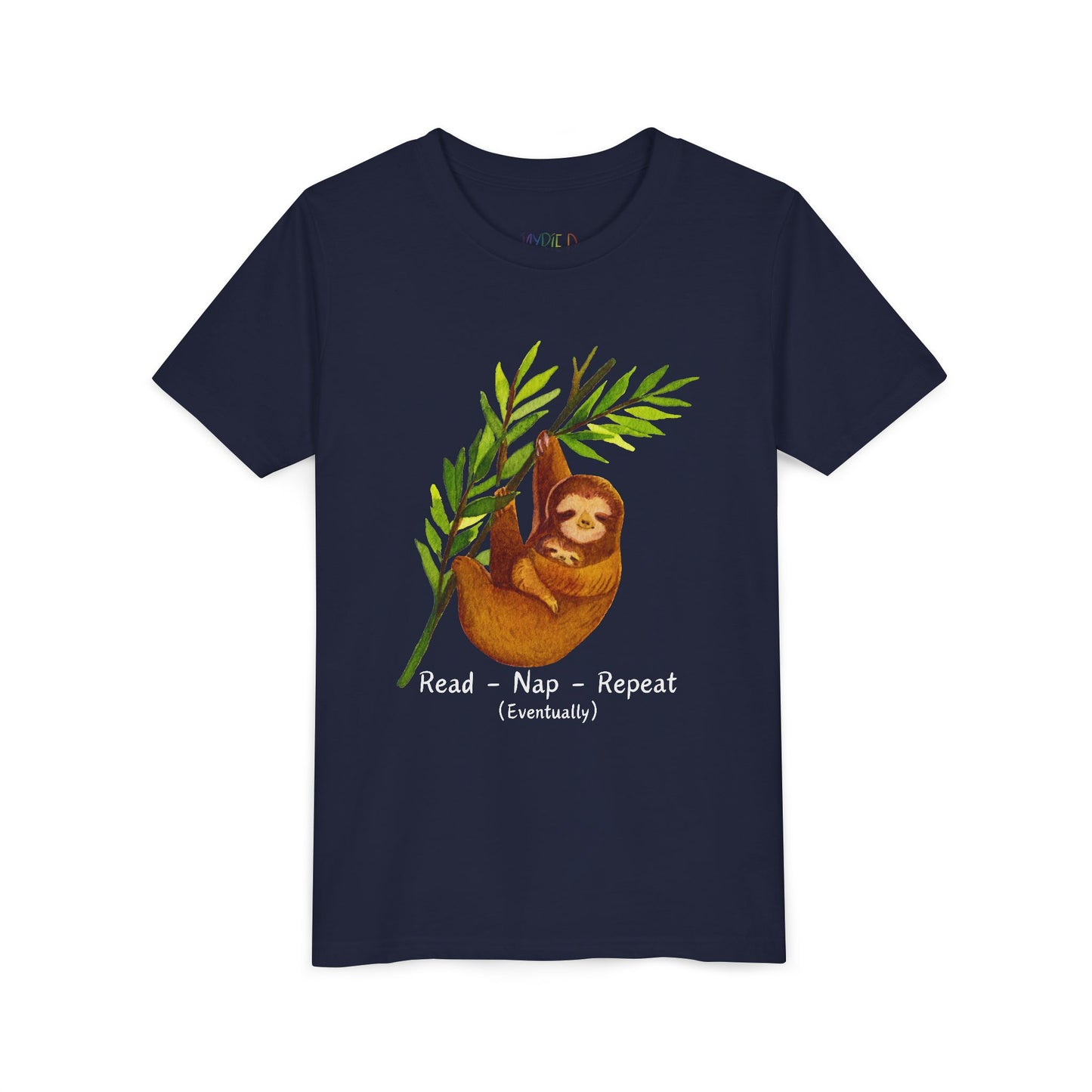 Youth Read – Nap – Repeat (Eventually) Tee – Sloth Book Shirt for Easygoing Young Readers