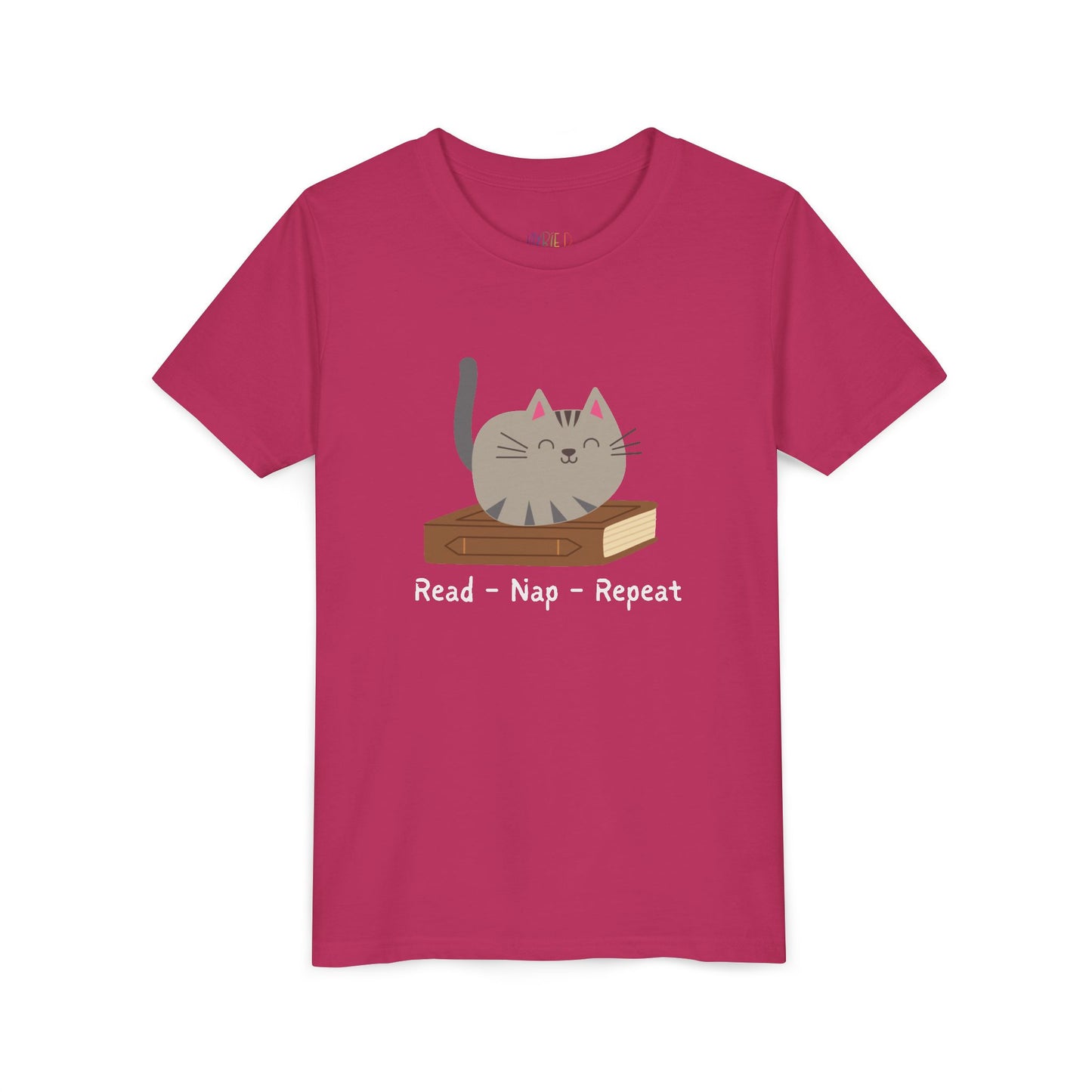 Youth Read – Nap – Repeat T-Shirt – Cozy Cat Tee for Bookish Kids