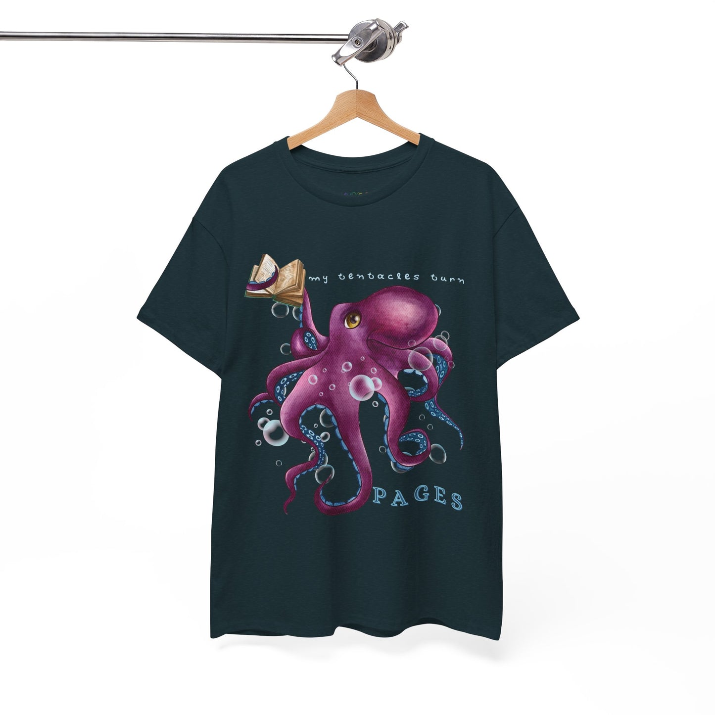 Dark t-shirt with a purple octopus design holding a book in one tentacle, bubbles and text 'My Tentacles Turn Pages' 