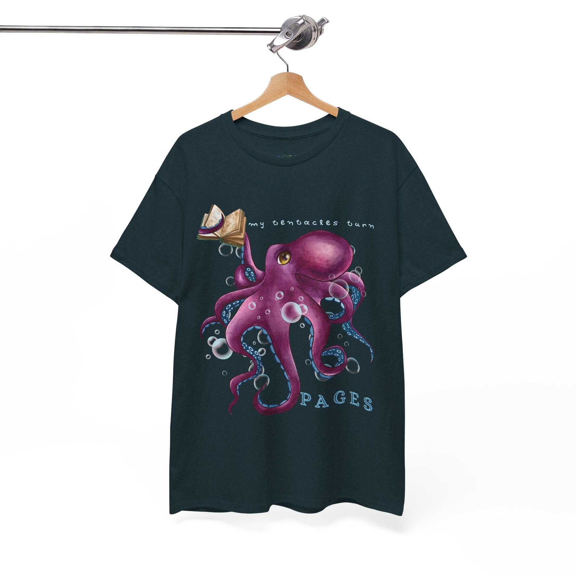 Dark t-shirt with a purple octopus design holding a book in one tentacle, bubbles and text 'My Tentacles Turn Pages' 