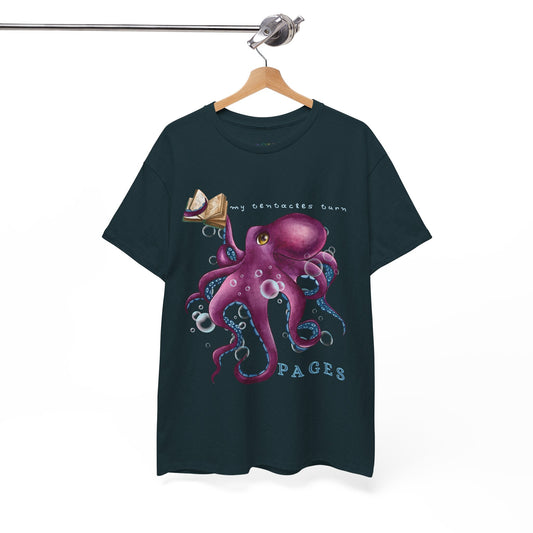 Dark t-shirt with a purple octopus design holding a book in one tentacle, bubbles and text 'My Tentacles Turn Pages' 