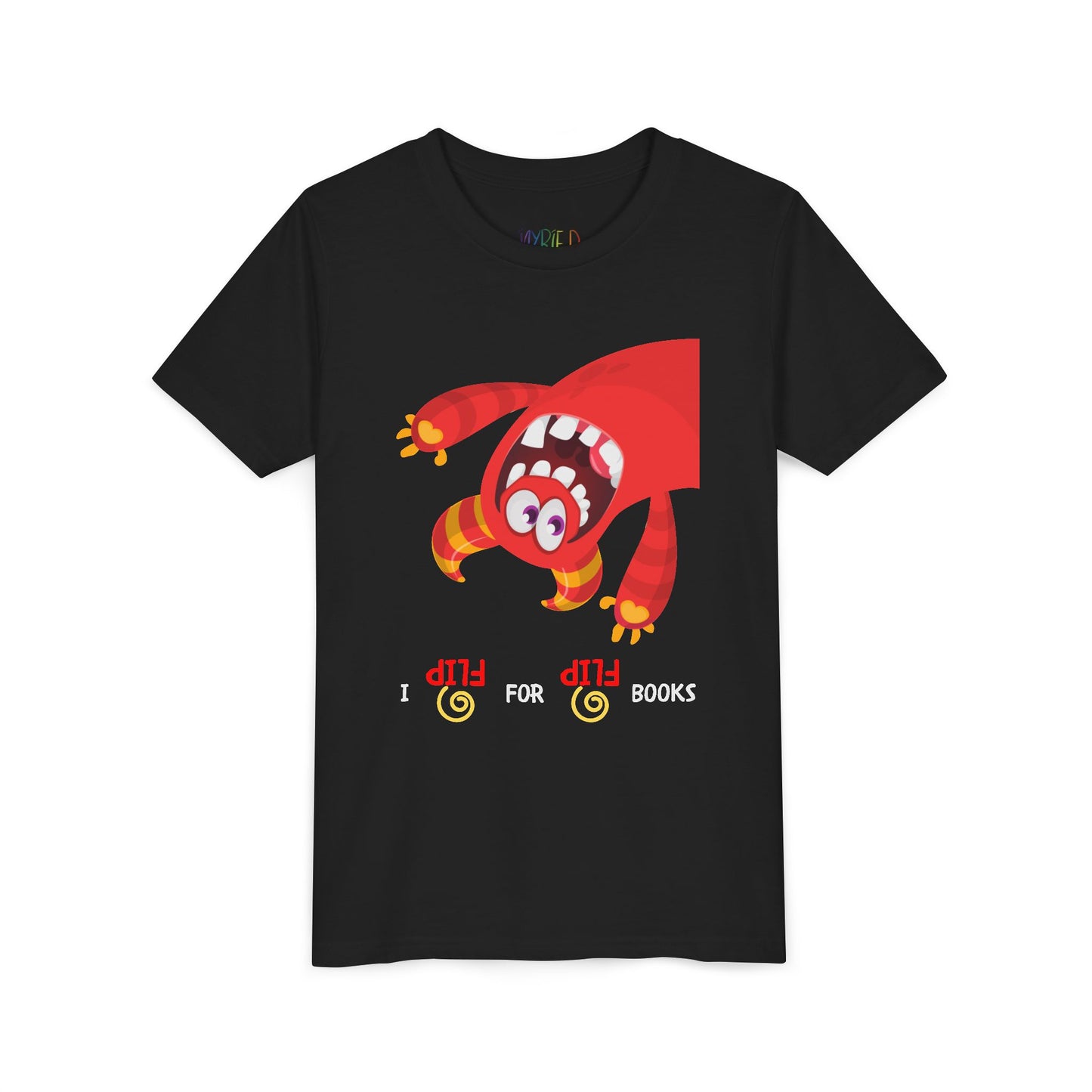 Black t-shirt with an upside down red monster cartoon character and playful text 'I FLIP FOR FLIP BOOKS'
