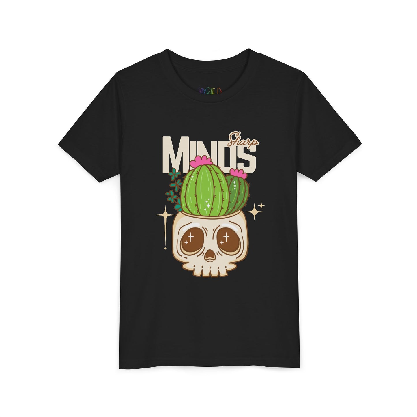 Black t-shirt with a cactus growing out of a skull and text 'Sharp Minds'