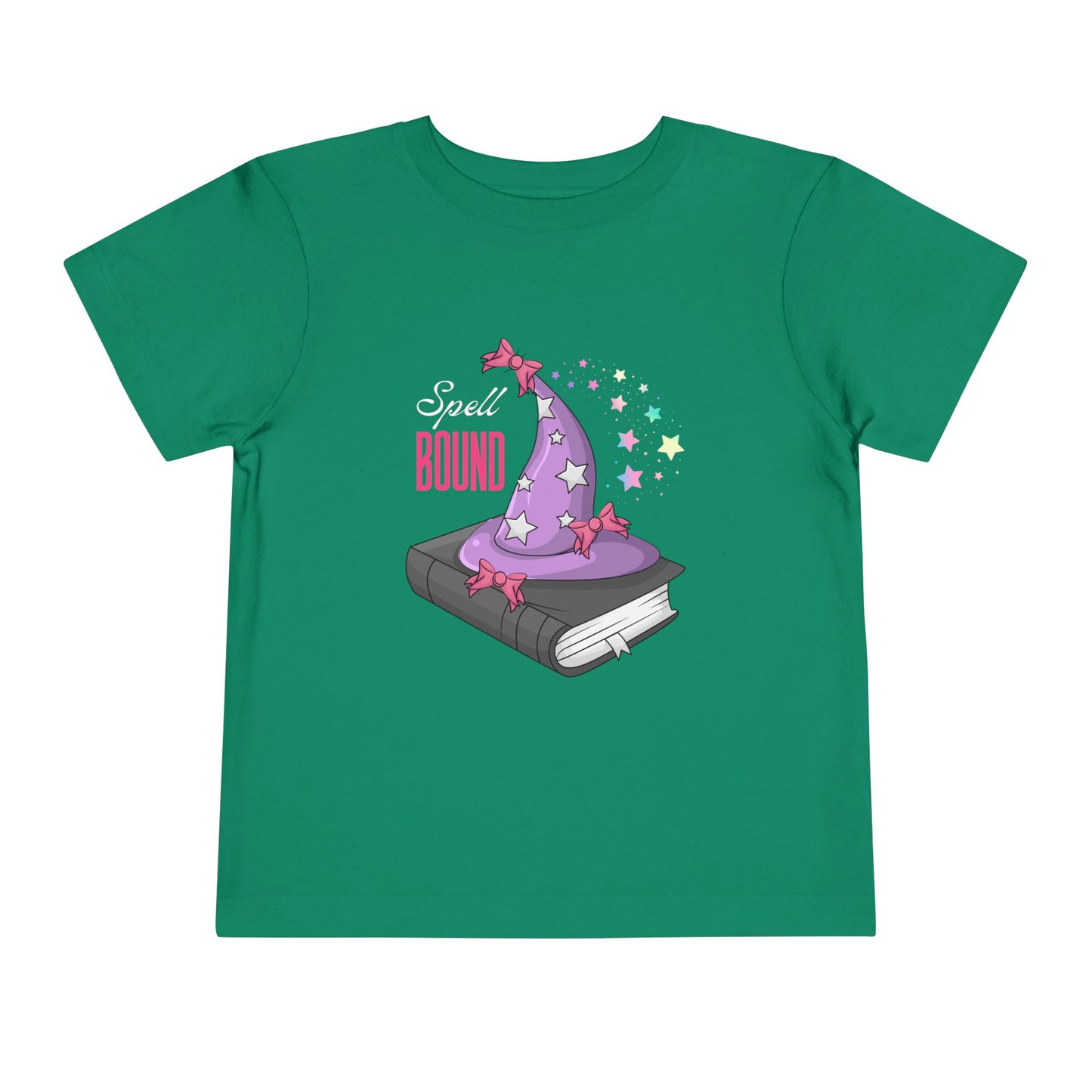 Green toddler t-shirt with a wizard hat atop a book and 'Spell Bound' text on a white background