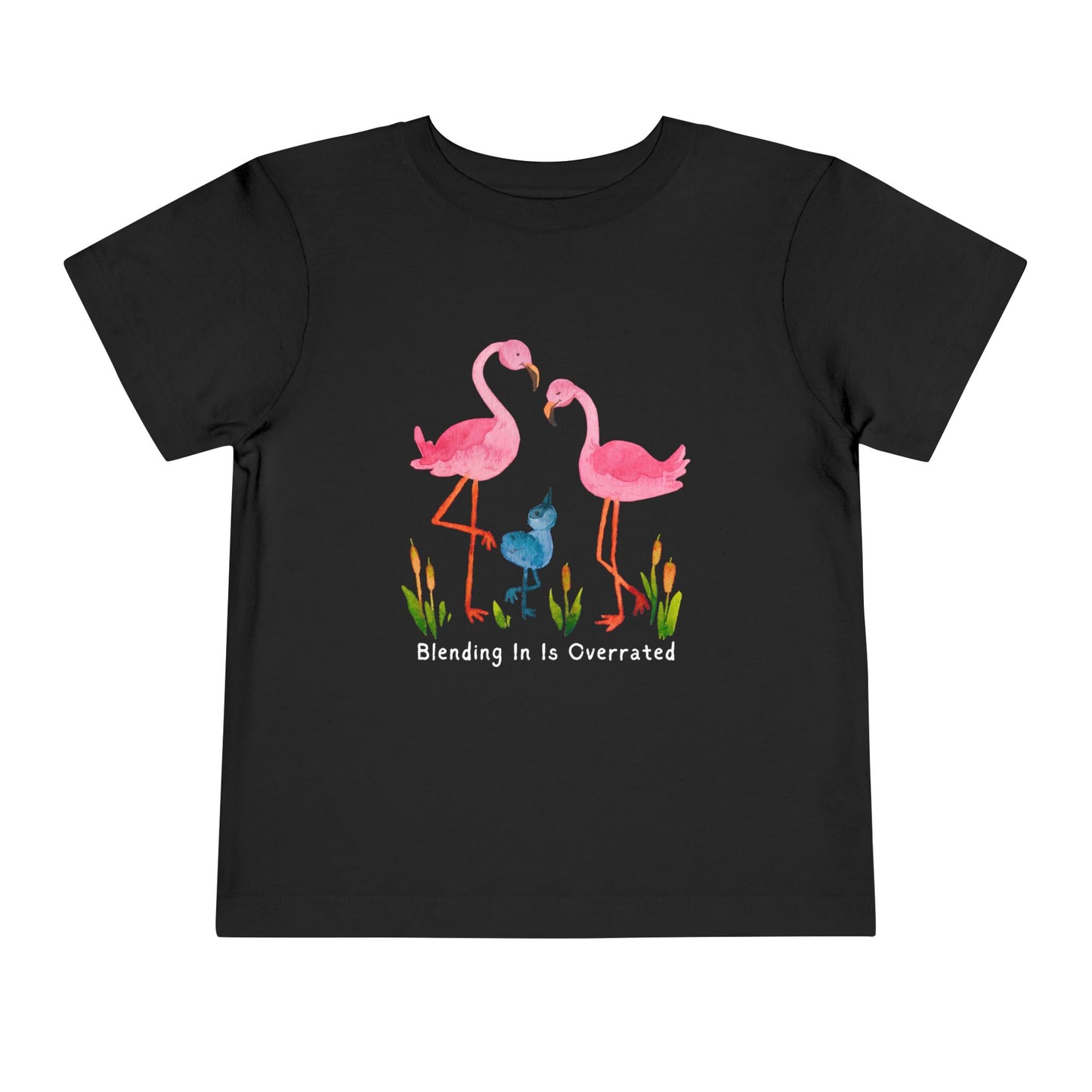 Black toddler t-shirt with pink flamingo family and text 'Blending In Is Overrated'
