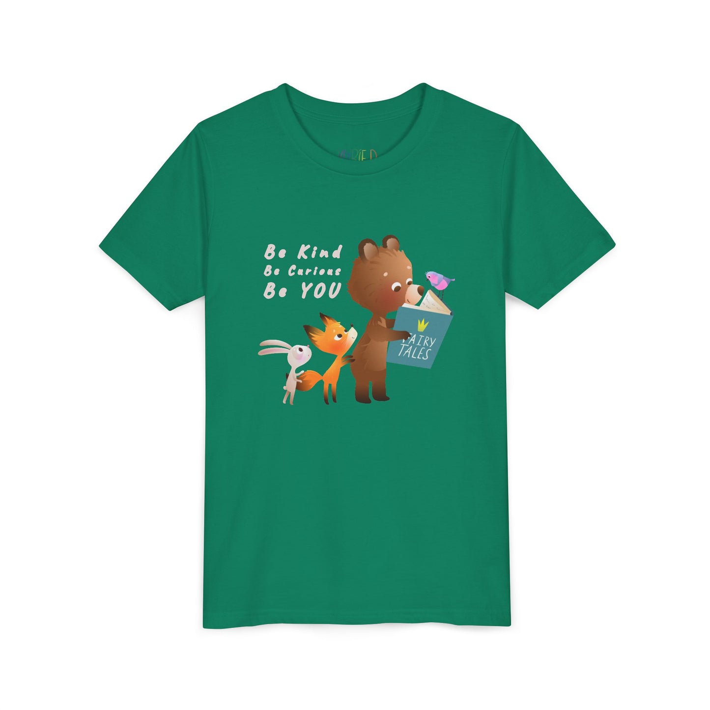 Green t-shirt with cartoon animals reading a fairy tales book and text 'Be Kind. Be Curious. Be YOU.'