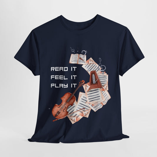 Teen/Adult Unisex Read It, Feel It, Play It Tee – A Symphony for Storytellers and Musicians