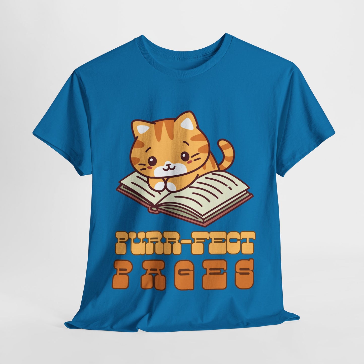 Teen/Adult Unisex “Purr-fect Pages” Cat Lover Reading Tee – Cute Bookish Cat Shirt