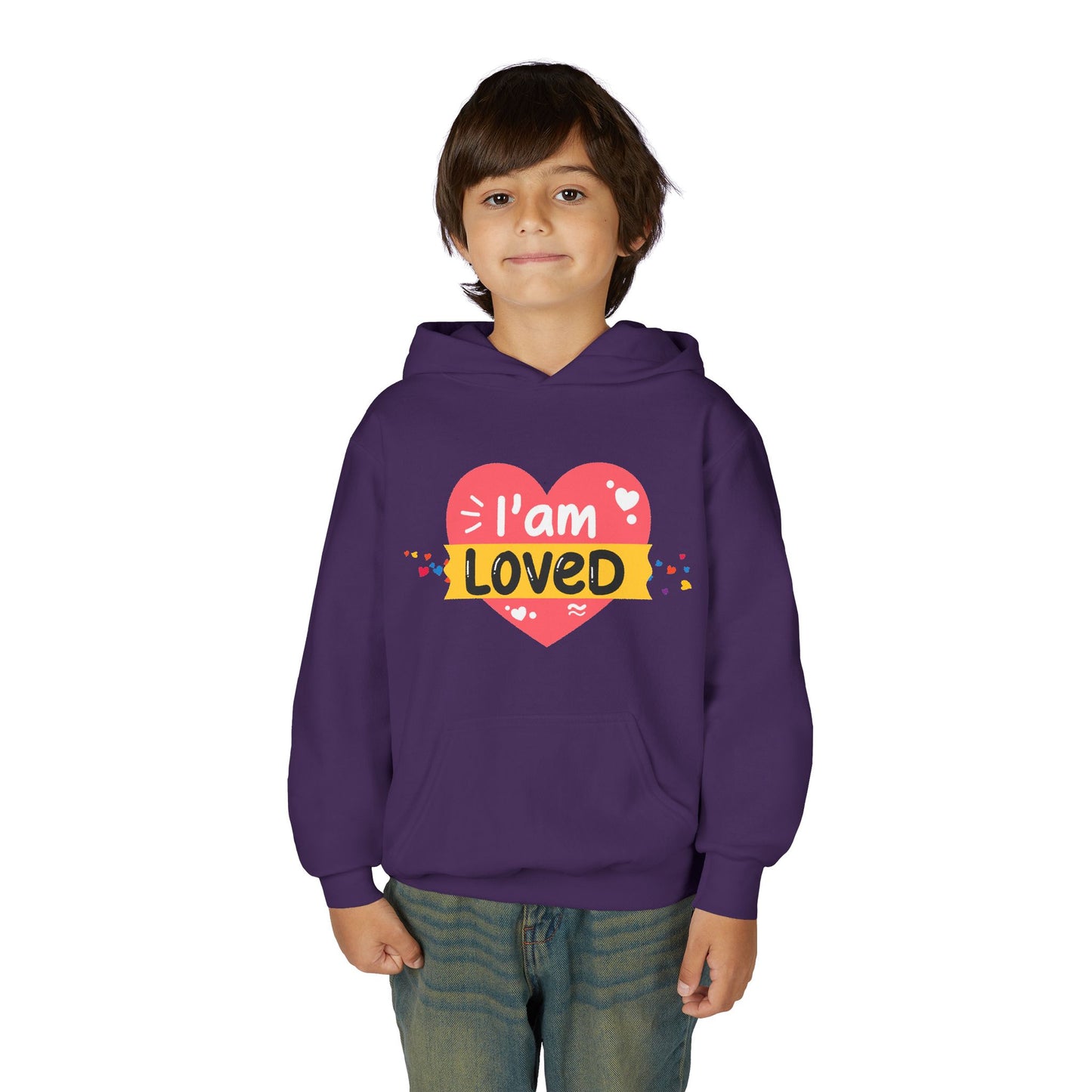 Boy wearing a purple hoodie with a heart design and 'I am loved' text 
