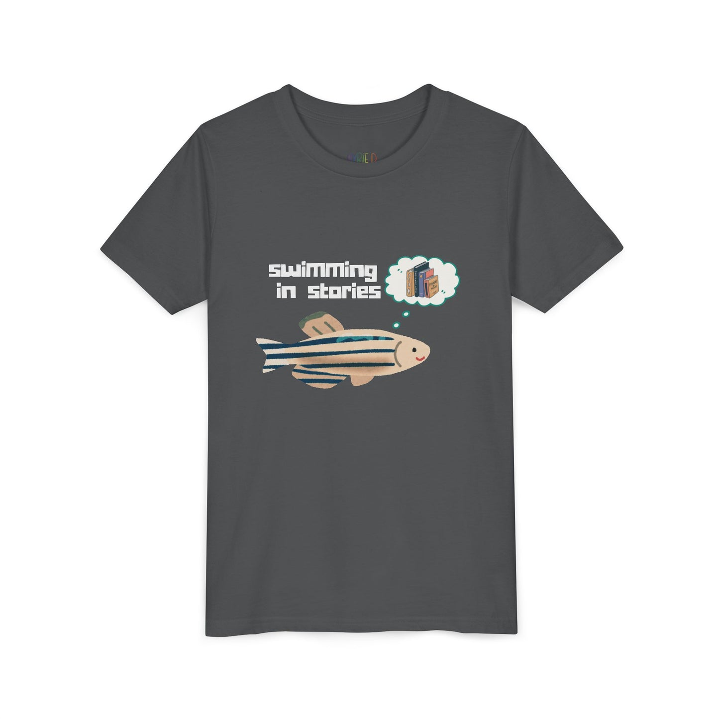 Gray t-shirt with a fish graphic and text 'swimming in stories' 