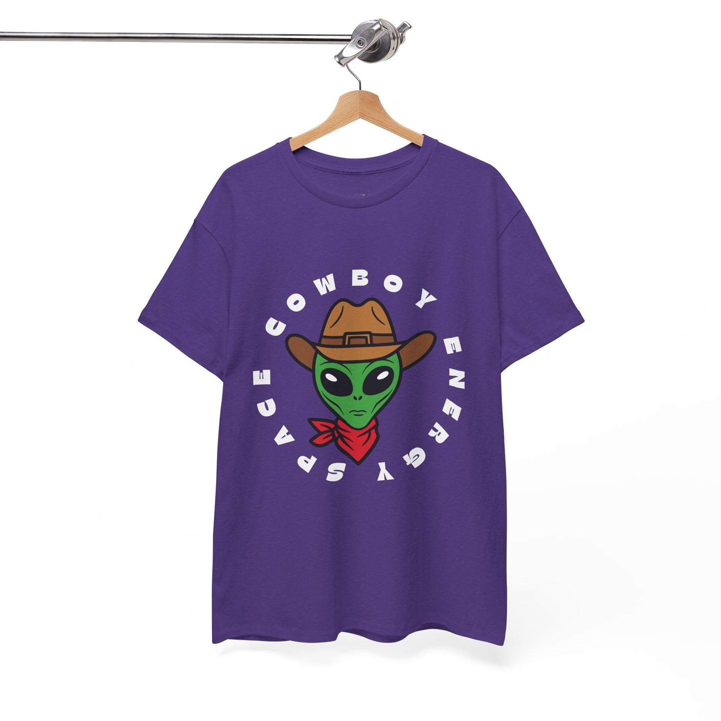 Purple t-shirt with a large cowboy alien in the enter, circled by text 'Space Cowboy Energy' 