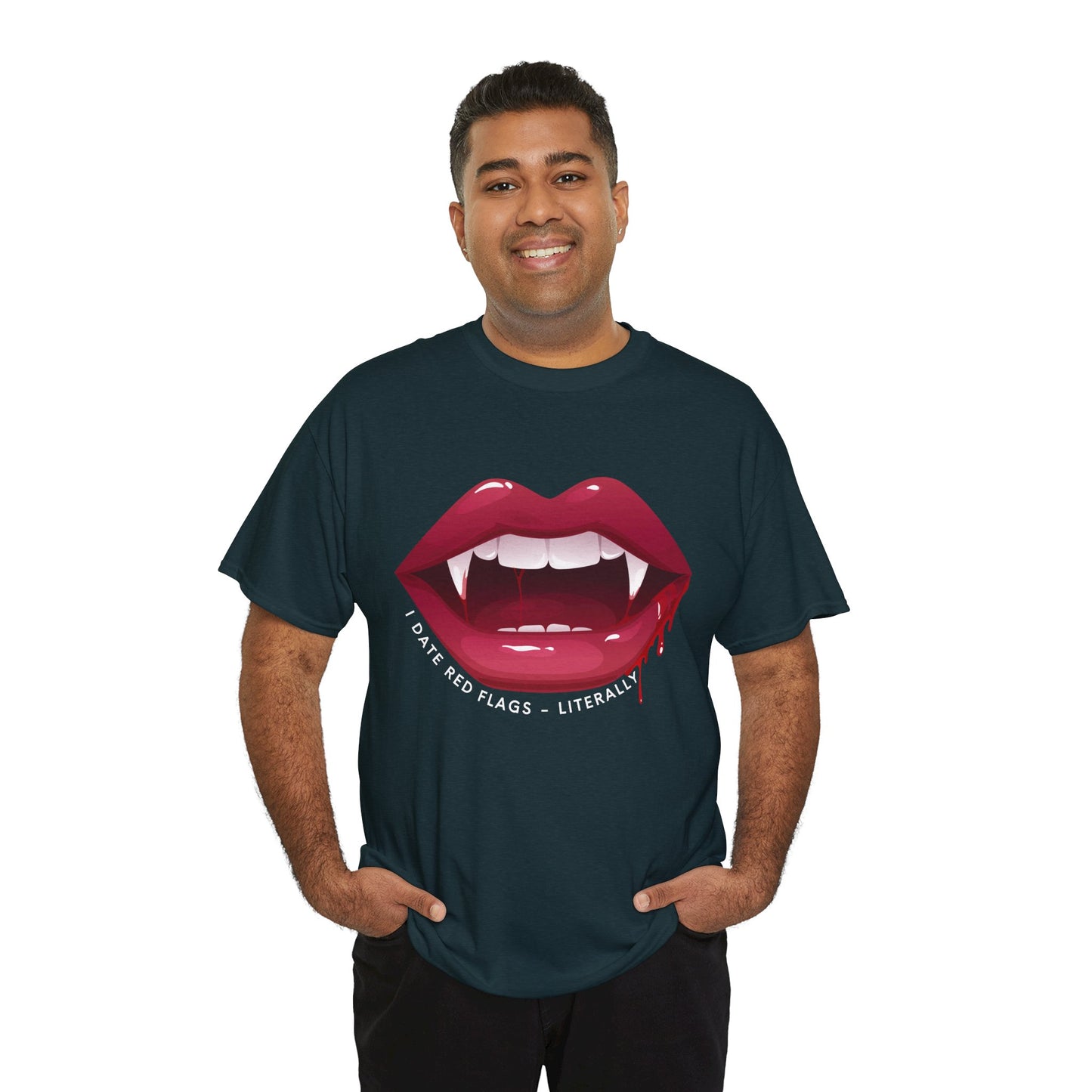 Man wearing a dark t-shirt with graphic of red vampire teeth with blook dripping from the lips and text 'I Date Red Flags - Literally' 
