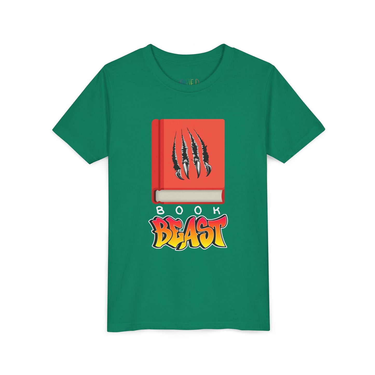 Green t-shirt with a graphic design of a red book with claw marks and BOOK BEAST' text 