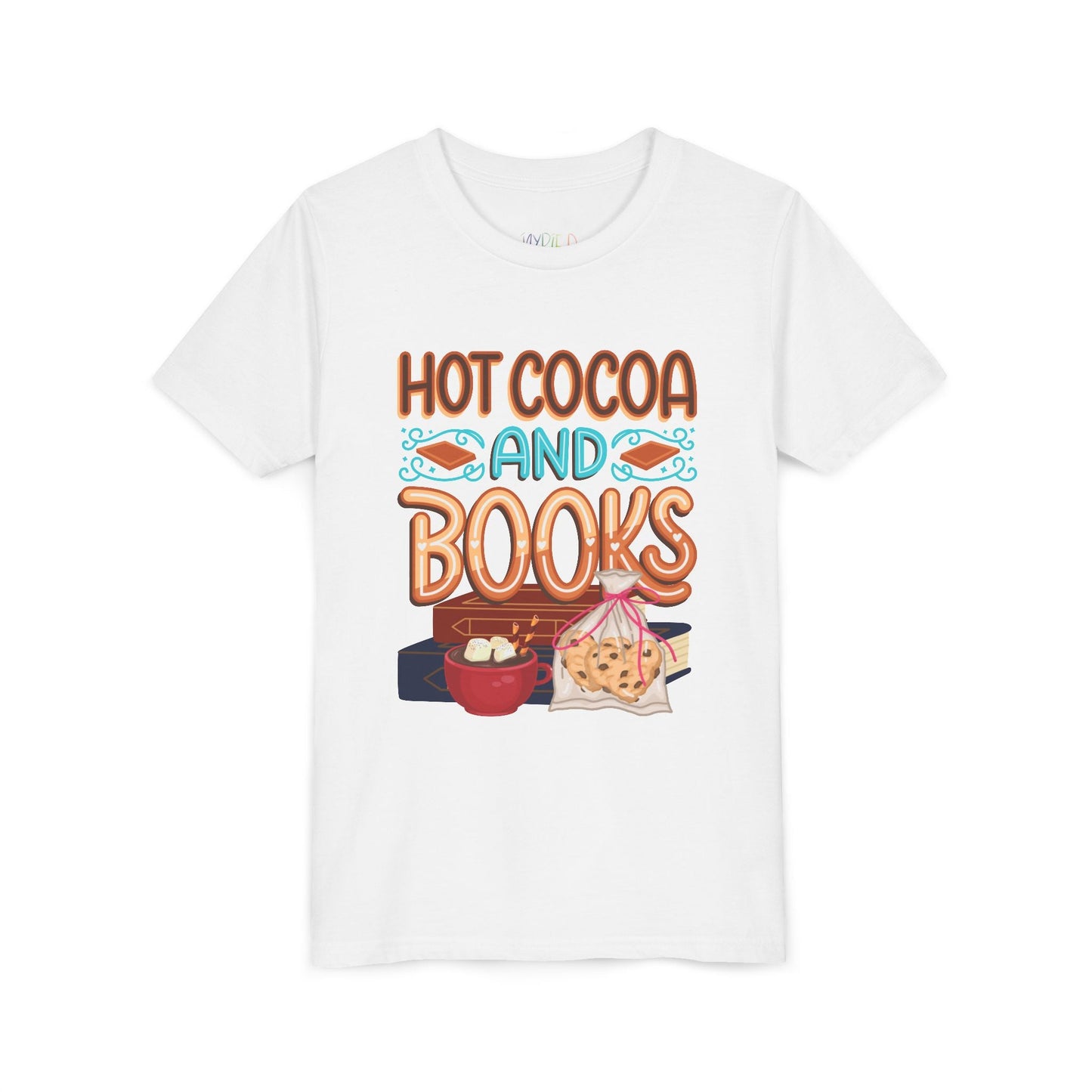 Youth Hot Cocoa and Books T-Shirt â€“ Cozy Winter Reading Design Printify