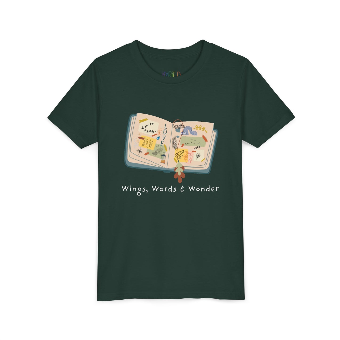 Dark green t-shirt with an open scrap book  and text 'Wings, Words & Wonder' 