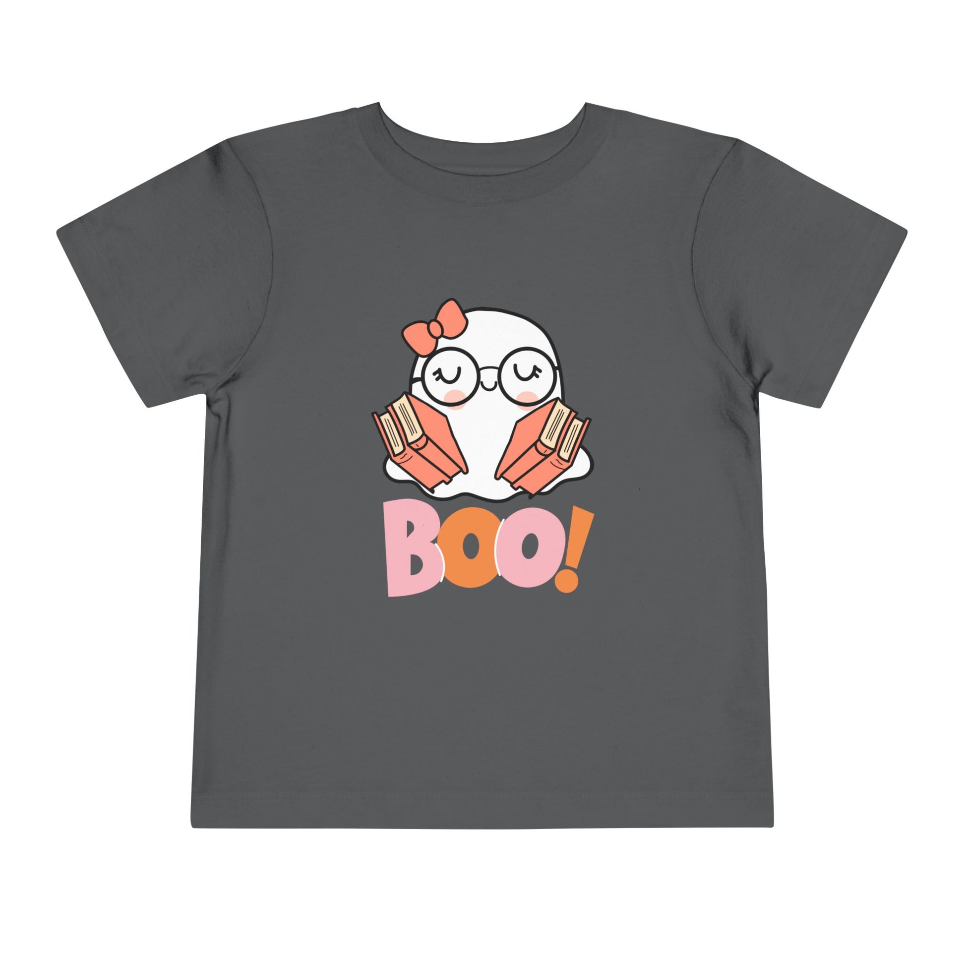 Gray t-shirt with a ghost holding books in each arm and large 'BOO!' text 