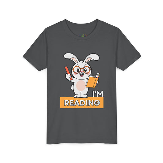 Gray t-shirt with a cartoon bunny holding a bookmark and a book, with 'I'm Reading' text 