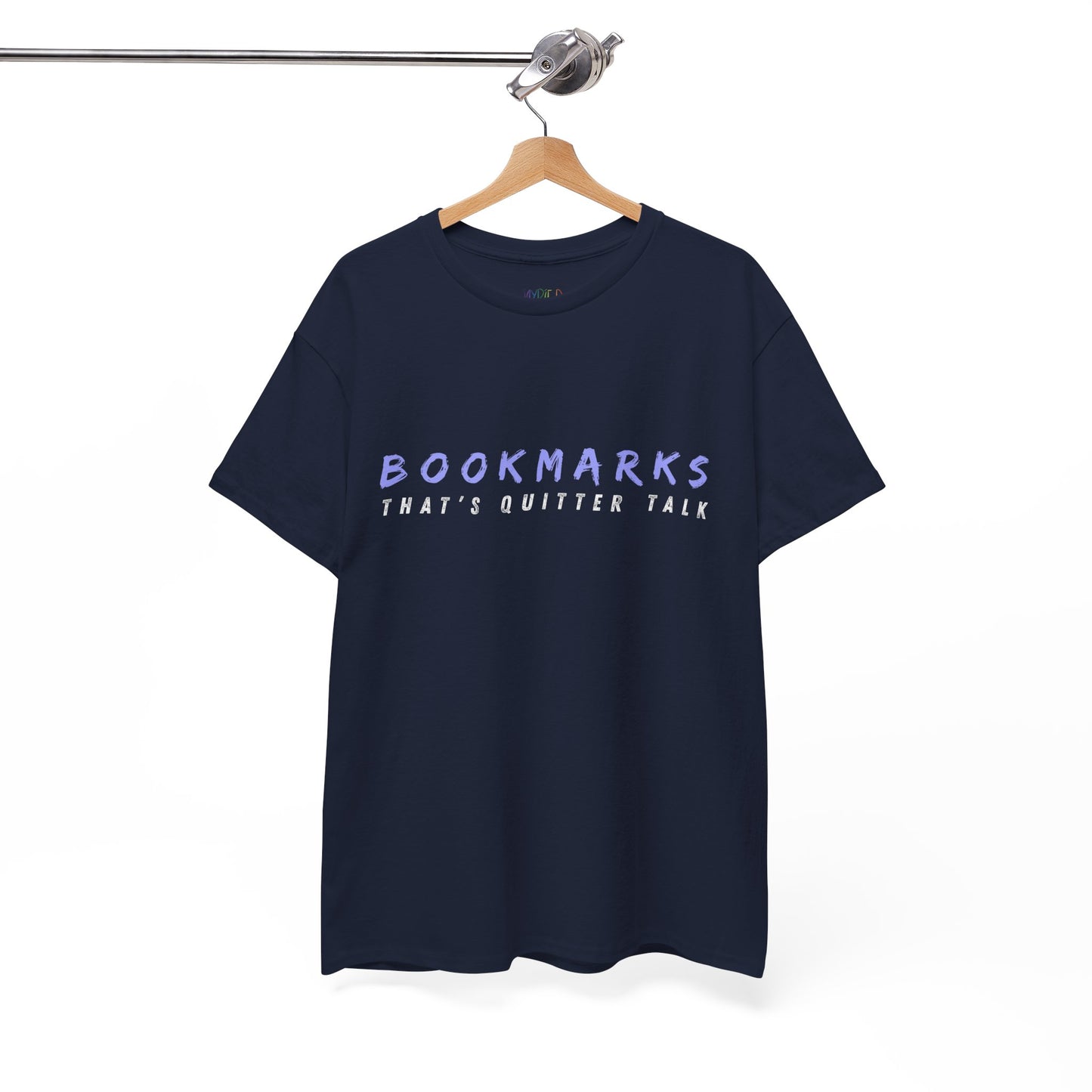 Navy t-shirt with 'BOOKMARKS THAT'S QUITTER TALK' text 