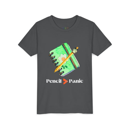 Gray t-shirt with a green notebook and pencil graphic and 'Pencil > Panic' text