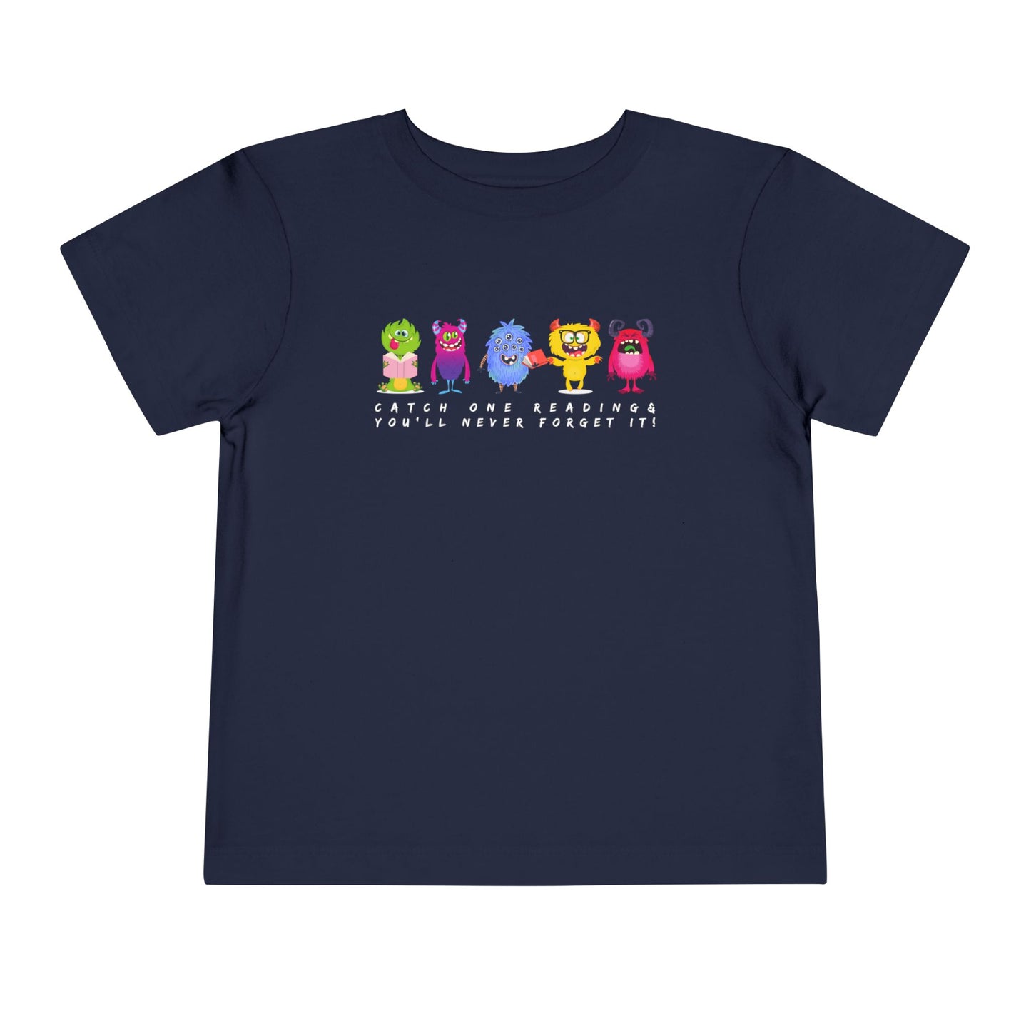 Navy toddler t-shirt with colorful monsters all lined up in a row and text 'Catch One Reading & You'll Never Forget It!' 
