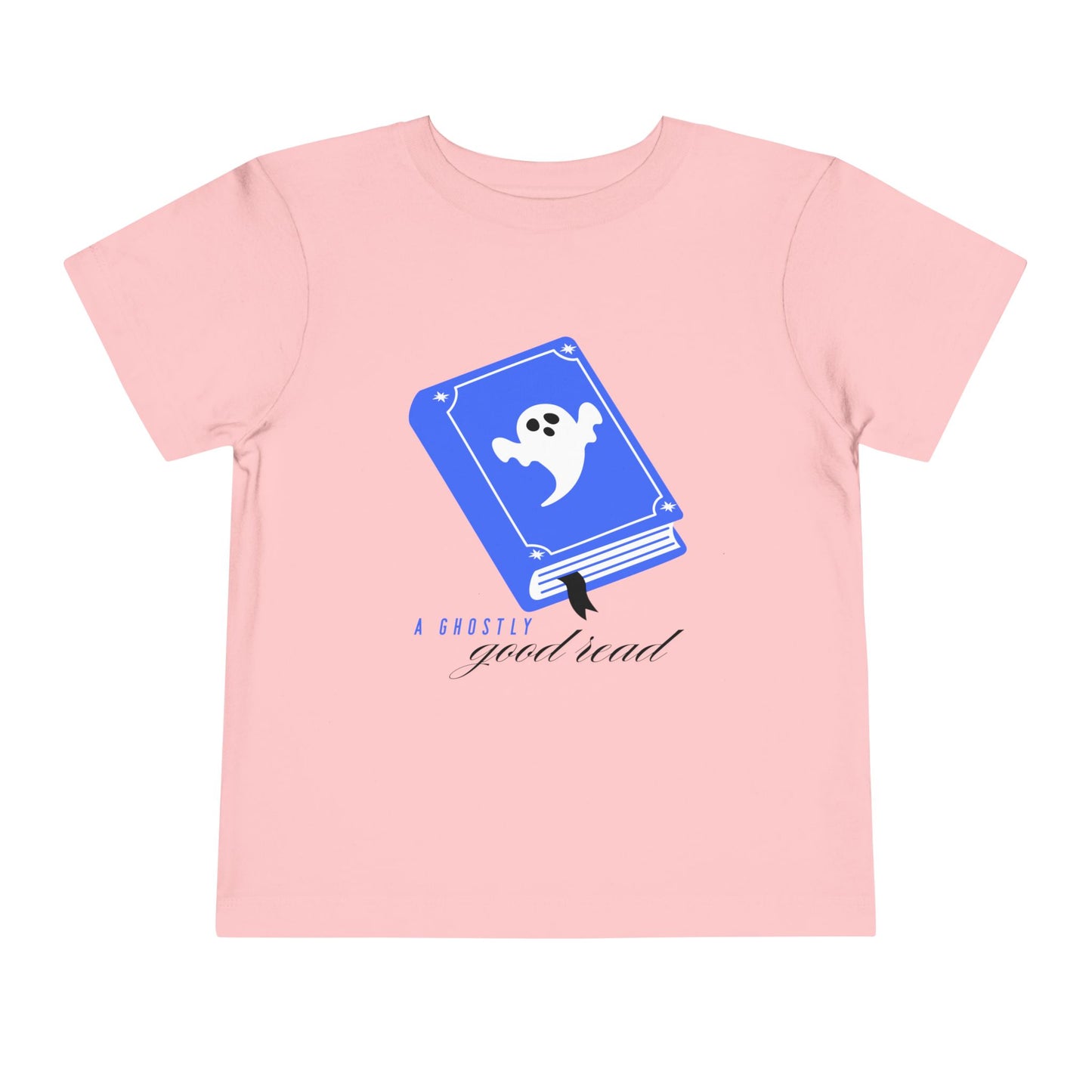 Pink t-shirt with blue book with a ghost on the cover and text 'A ghostly good read' 