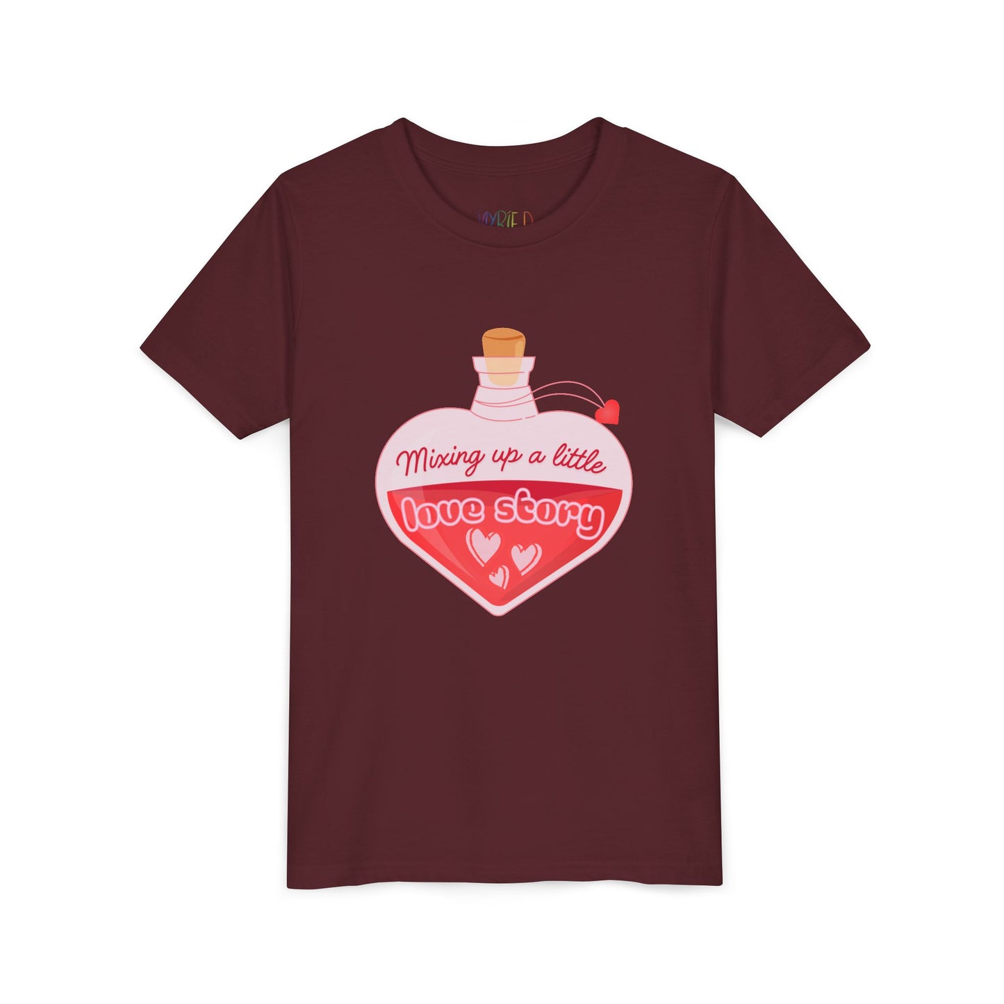 Maroon t-shirt with a heart-shaped potion bottle and text 'Mixing Up A Little Love Story' 
